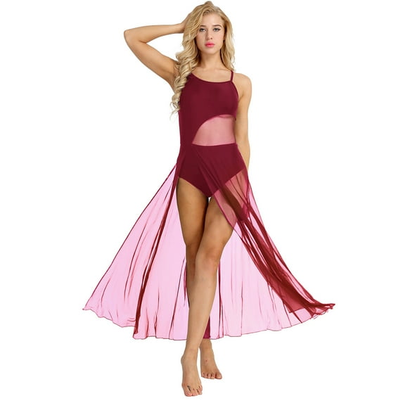 Yhong Women's Sleeveless Lyrical Dance Dress Asymmetrical Mesh Maxi Length with Built-in Leotard Burgundy XS