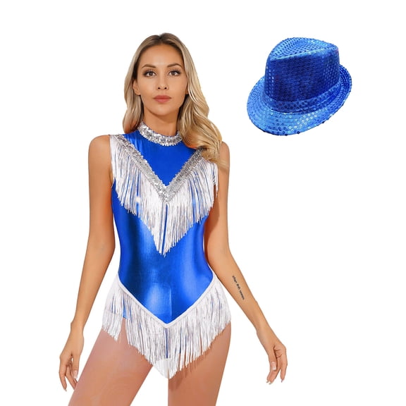 Yhong Womens Shiny Fringed Dance Leotard Jazz Latin Tango Dance Dress Cheerleading Costume with Hat Blue S