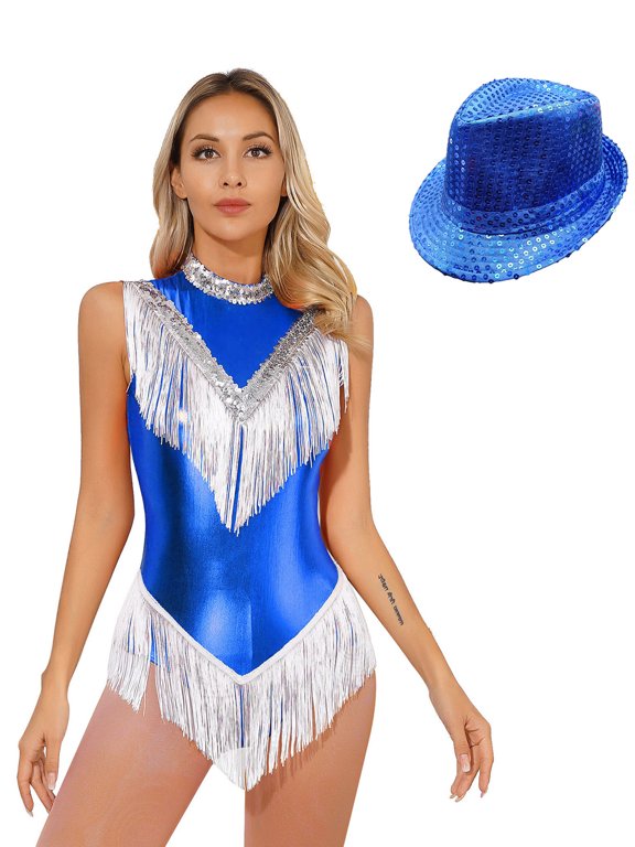 Womens Shiny Fringed Dance Leotard Jazz Latin Tango Dance Dress Cheerleading Costume with Hat Blue S