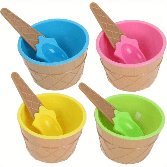 Yhuaoa Ice Cream Bowls and Spoons Set,Reusable Plastic ice cream bowls, Cartoon Candy Color Cute Ice Cream Dessert Bowls Set for Dessert Yogurt Gelato Summer Holiday Party Supplies (1Pack,Blue )