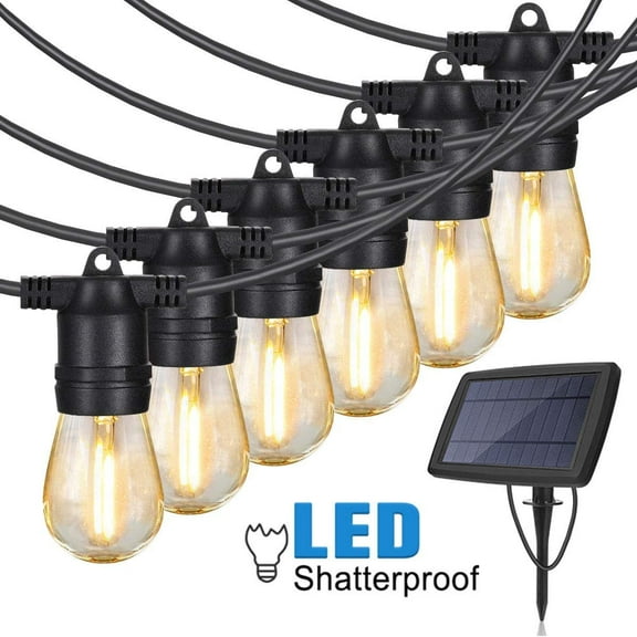 Yi Lighting 48ft Solar-Powered Outdoor String Lights with 15 LED Bulbs Weatherproof for Patio, Porch, Deck, Party Garden