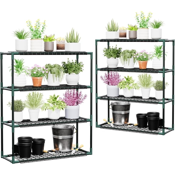 YiAiL 2 Pack 4-Tier Metal Plant Shelves, Portable Greenhouse Storage Rack