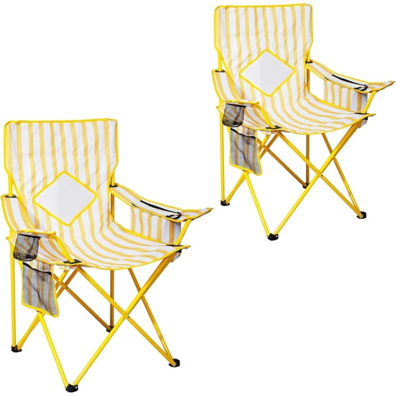 YiAiL 2-Pack Folding Camping Chairs, Mesh Back with Cup Holder & Cooler Pocket, Yellow