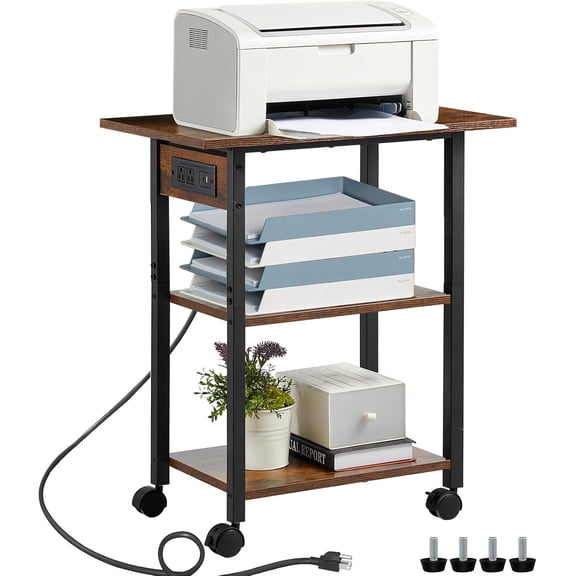 YiAiL 3-Tier Mobile Printer Stand with Charging Station, Steel Frame Storage Cart with Lockable Wheels, Multi-Shelf Rolling Work Table for Home & Office, Brown