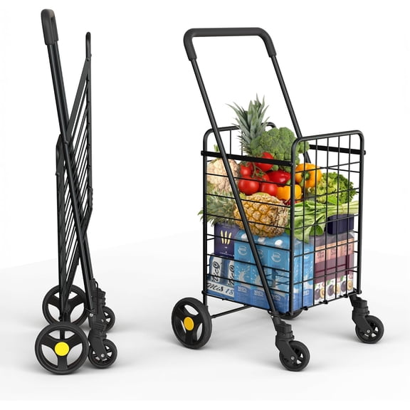 YiAiL 360 Swivel Wheel Foldable Utility Cart, Lightweight for Grocery & Laundry, Black