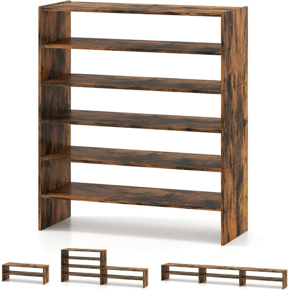 YiAiL 6-Tier Freestanding Shoe Rack, 31" Wide Stackable Adjustable Shoe Storage, Rustic Brown for Entryway Closet