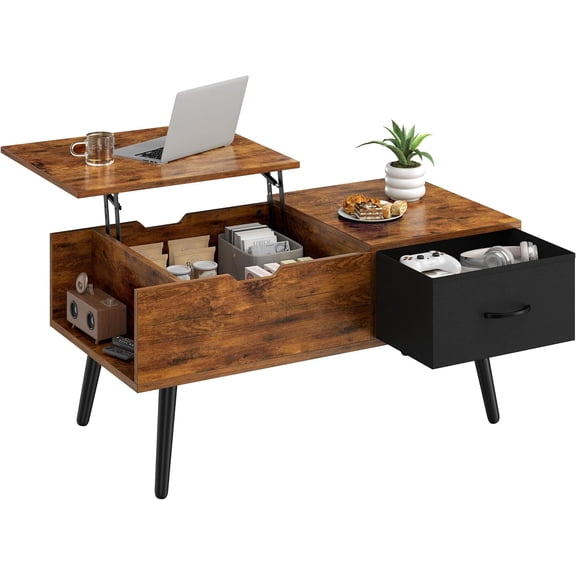 YiAiL Lift Top Coffee Table, Hidden Compartment & Foldable Drawer