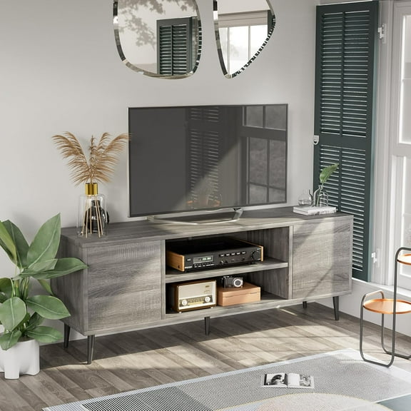 YiAiL Mid Century Modern TV Stand, 65" Media Console with Cabinet & Shelves, Gray