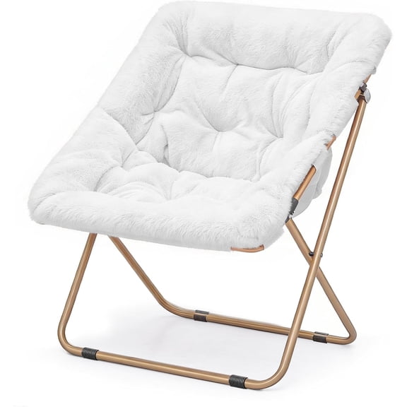 YiAiL White Faux Fur Saucer Folding Chair, Thick Padded Metal Frame Lazy Lounge Seat for Bedroom