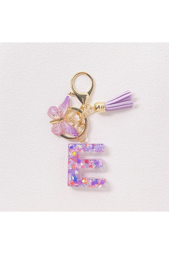 Initial Letter Keychains For Women Tassel Purple Cute Car Keychain For Wallet Backpack Bag , E