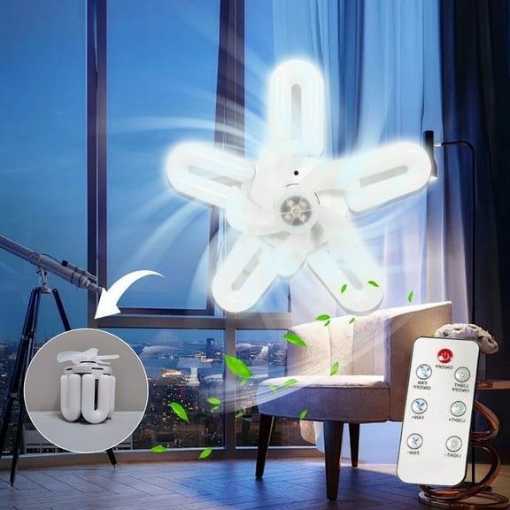 YiBai LED Fan Light Remote Control Dimming And Folding 5-leaf Ceiling Fan Household Bedroom Kitchen Mini Fan Light, White #N.208