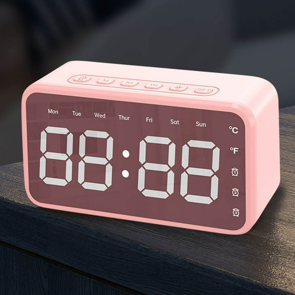 YiBai Mirror Digital Alarm Clock Wireless Bluetooth Speaker Alarm Clock Good Sound Quality Long Battery Life Desktop Companion,Pink,for Father Dad -#238