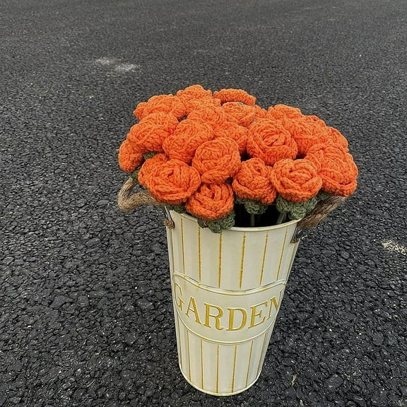 YiBai Orange Artificial Flowers for Outdoors Knitted Roses Hand Woven Rose Simulation Yarn Knitted Bouquet Floral Decoration Gift #.421