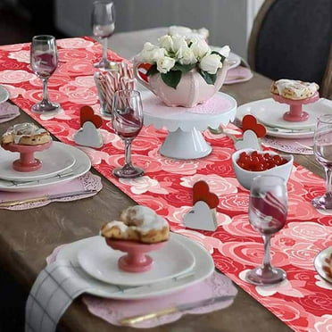 YiBai P-ink Flower Table Runner Valentine's Day Linen Print Tablecloth Decoration, A