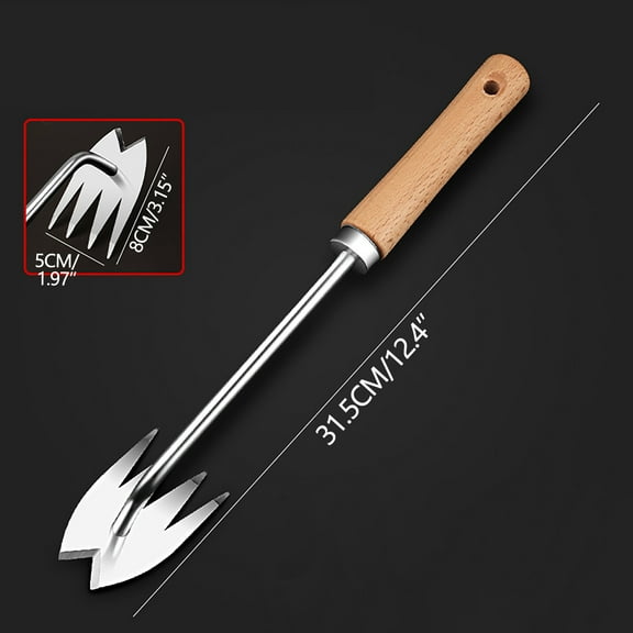 YiBai Weed Puller Tool, 12.4" Wooden Handle Weeding Tools With Hoes, Rakes, Shovels, Multifunctional Stainless Steel Gardening And Weeding Tools, Wooden handle #.352