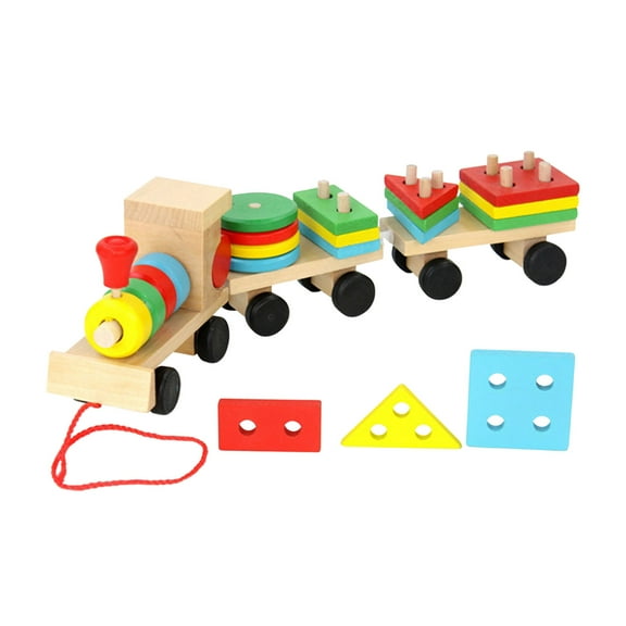 YiBai Wooden Train Children's Educational Early Education Building Blocks Color Matching Assembly Three-section Shape Drag Car Toy Educational,Color, Children's Day