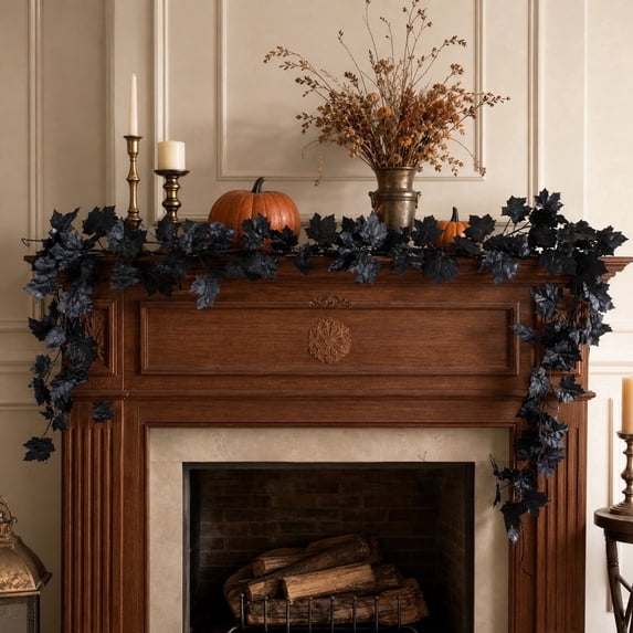 YiFudd Black Halloween Maple Leaf Garland, 78.7in Soft Flexible Rattan Vine for Fall Porch Mantel Window Decor