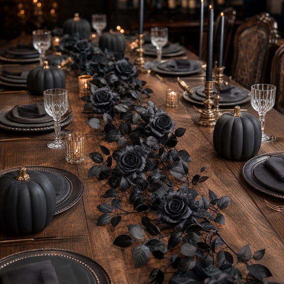 YiFudd Black Halloween Rattan Garland, 78.7in Soft Vine with Black Roses for Gothic Porch Mantel Party Decor