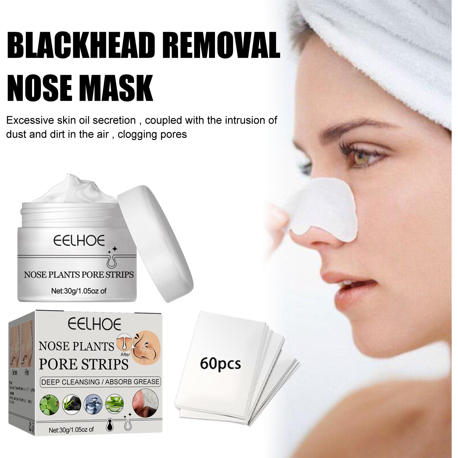 YiFudd Blackhead Remover Mask with 60pcs Paper Pore Nose Strips, Peel off  Mask T-zone Care Deep Cleansing Facial Pore Cleaner Purifying Mask Nose