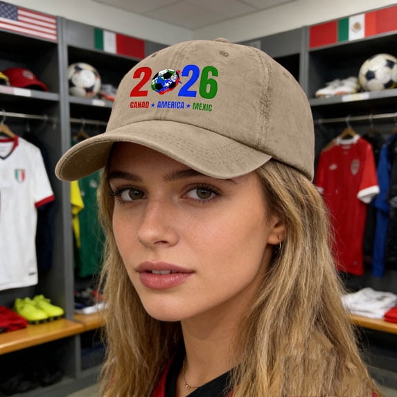 YiFudd Cartoon Adjustable Washed Cotton Cup26 Soccer Fan USA CAN MEX Design Baseball Cap,Unisex,Khaki