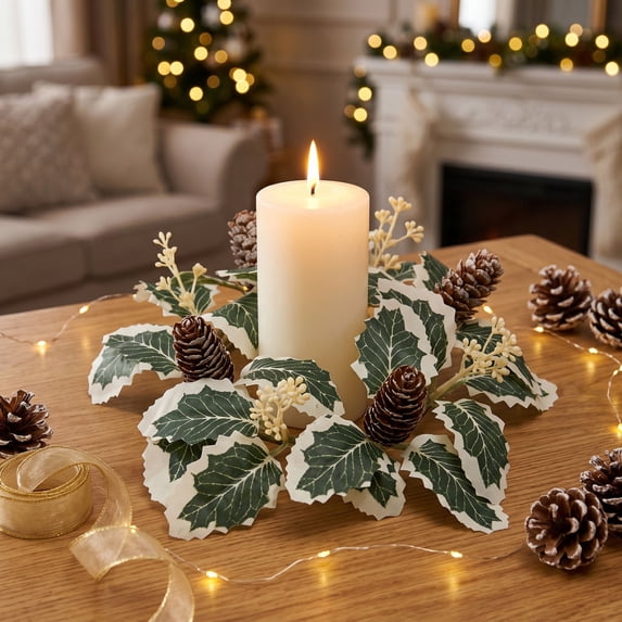 YiFudd Christmas Candlestick Wreath, Decorative Greenery with Golden Berries and Pine Cones, 1 Pack