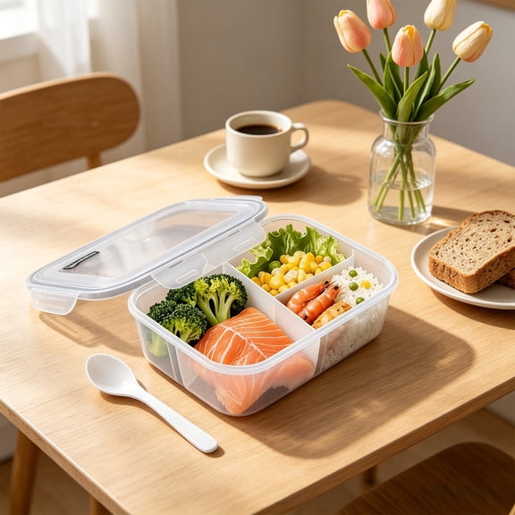 YiFudd Clear Plastic Bento Box Divided Lunch Container for Food Storage, Back to College, Dorm Essentials, 1 Set with Spoon