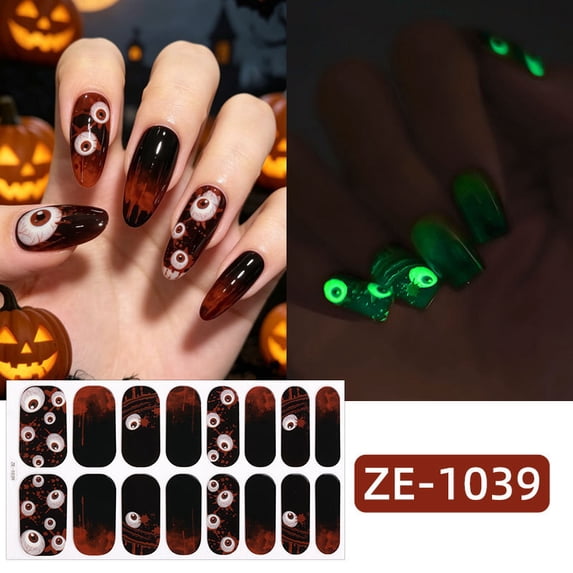 YiFudd Halloween Nail Stickers D, Glow in The Dark Spooky Ghost Skull Spider Web Nail Art Decals, Horror Party Manicure Set, 16 Sheets