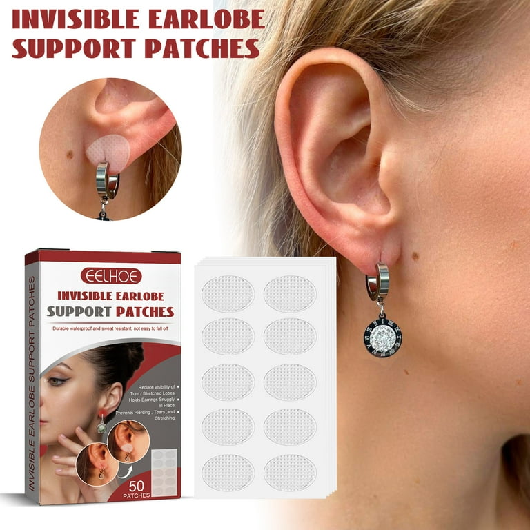 YiFudd Invisible Earlobe Support Patches,Clear Earring Support  Patches,Earring Backs For Droopy Ears,Ear Care Products For Stretched Ear  Lobes (50