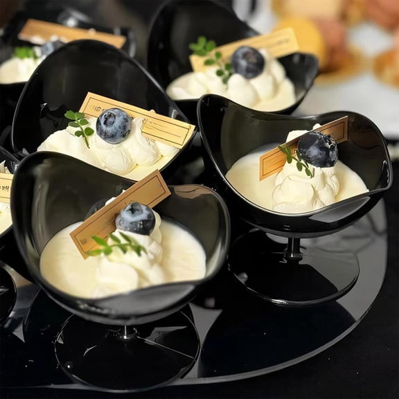 YiFudd Mini Dessert Cups, Stemmed Plastic Ice Cream Cups for Yogurt Mousse & Pudding, Disposable, Black 3.15in