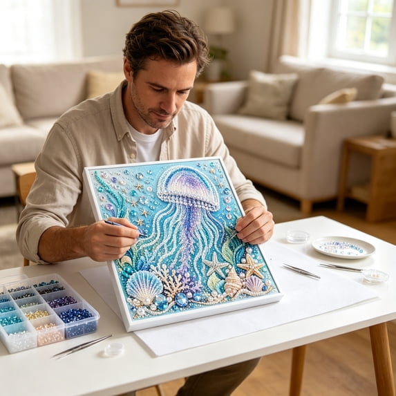 YiFudd Pearl Art Kits for Adults – 3D Diamond Art Painting with Blue Jellyfish Ocean Theme, Bead Art Kit for Home Wall Decor