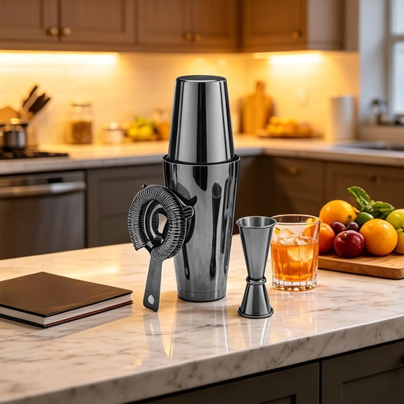 YiFudd Stainless Bar Tools Set of 3, Cocktail Shaker Set with Jigger & Strainer for Home Bar Mixing, Black