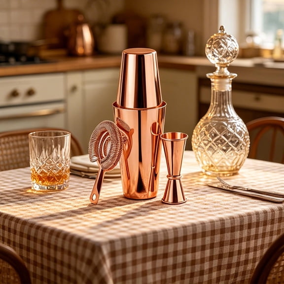YiFudd Stainless Bar Tools Set of 3, Cocktail Shaker Set with Jigger & Strainer for Home Bar Mixing, Rose Gold