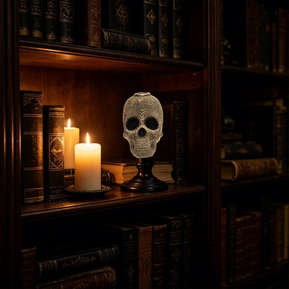 YiFudd Textured Skull Tabletop Ornament, Gothic Resin Skull Sculpture With Pedestal Base, 1 Piece