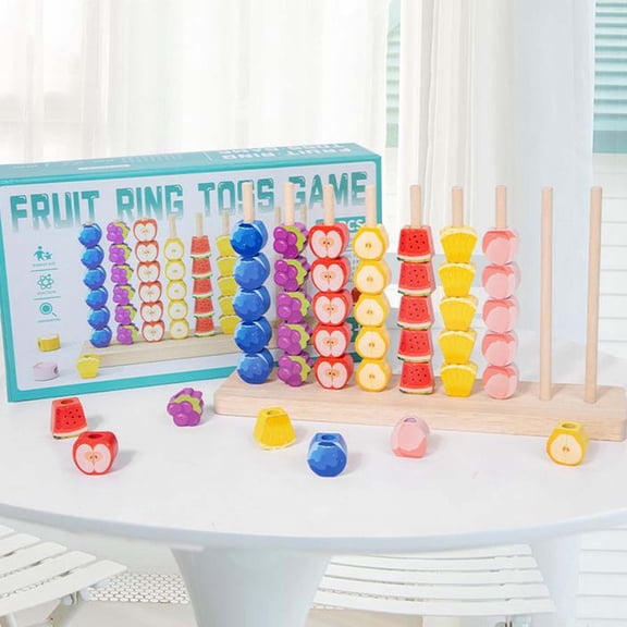 YiFudd Wooden Fruit Stacking Blocks for Ki-ds, Color-Sorting Bead Threading Game, Hand-Eye Coordination Early Learning Puzzle, Educational Montessori Stacking To-y for Ki-ds