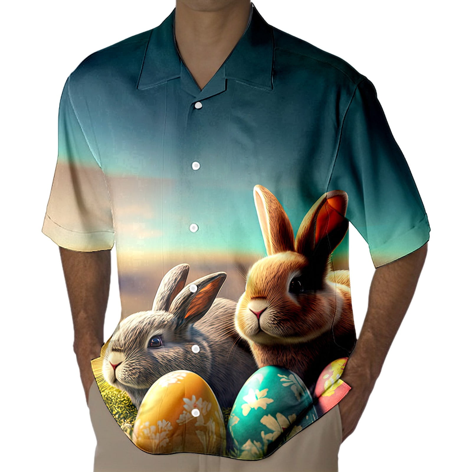 YiHWEI Easter Dress Shirts for Men Slim Fit White Mens Easter Short Sleeved Shirt Festive