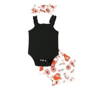 YiHWEI Blue Jean Rompers Girls Sleeveless Ruffles Ribbed Romper Bodysuit Cartoon Cow Prints Shorts Headbands Outfits Dance Costumes Acro Halloween Party Set