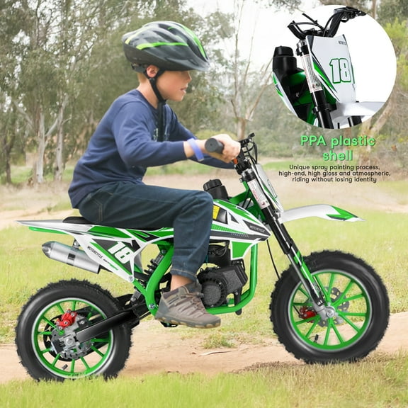 YiJin 49cc 2-Stroke Kids Dirt Bike, Gas Power Motocross, Off Road Mini Motorcycle, Pocket Mini Bikes with Front Rear Disc Brakes (Green)
