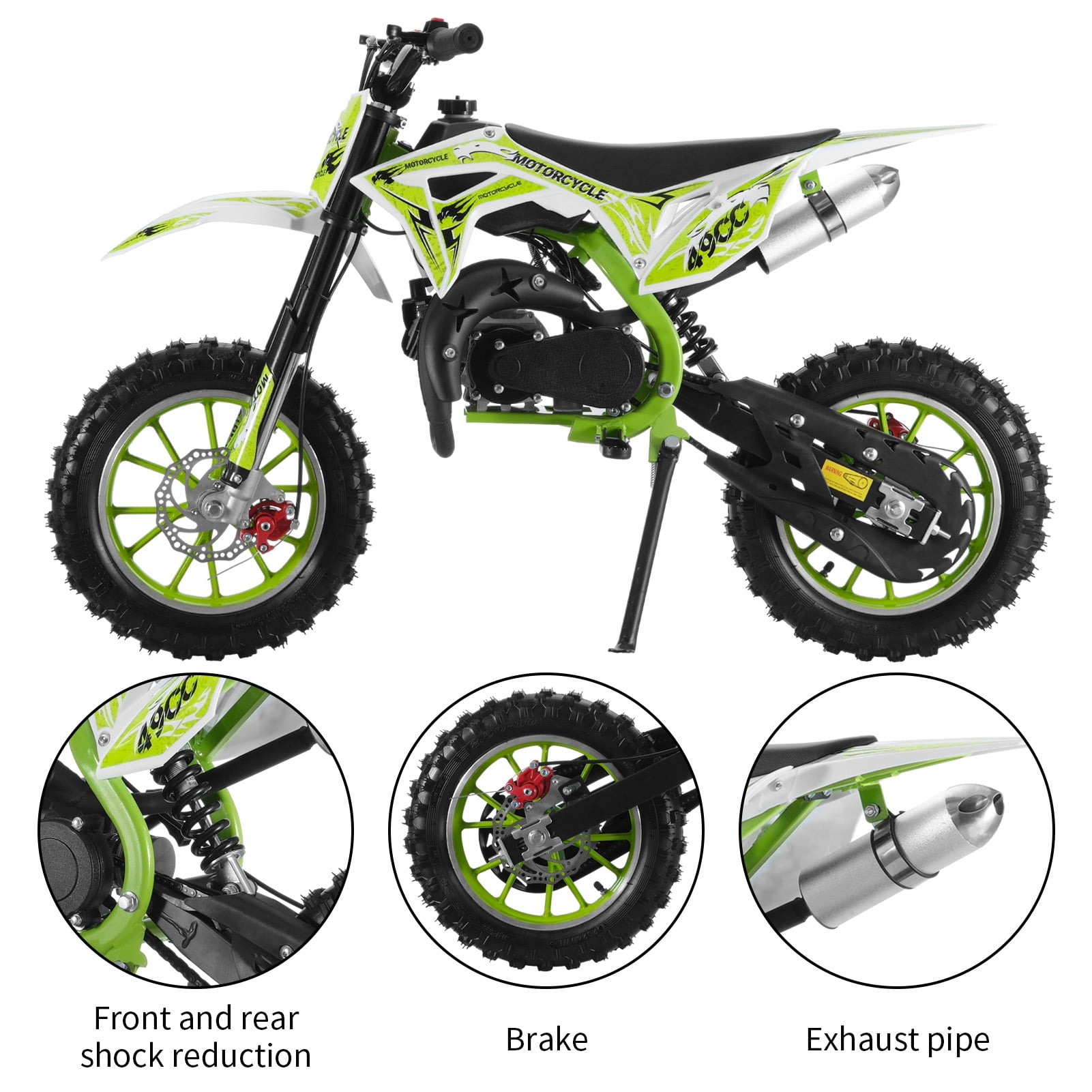 YiJin 49cc Kids Dirt Bike, 2-Stroke Gas Mini Bikes, Off-road Mini Motorcycle, Children Pocket Motorbike with Front Rear Disc Brakes, Pull Start, Green