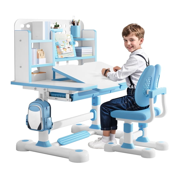 YiJin Ergonomic Kids Study Desk & Chair Set with Bookshelf | Height Adjustable Children's Desk with 50° Tilt Top, Storage Drawer for Home Study Room (Blue)