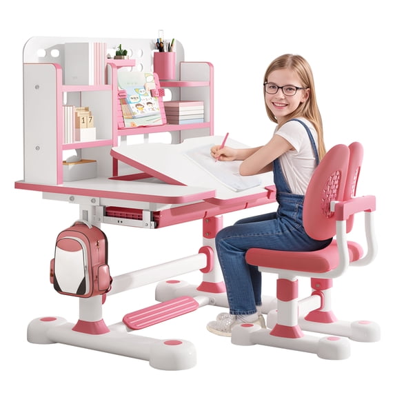 YiJin Ergonomic Kids Study Desk & Chair Set with Bookshelf | Height Adjustable Children's Desk with 50° Tilt Top, Storage Drawer for Home Study Room (Pink)