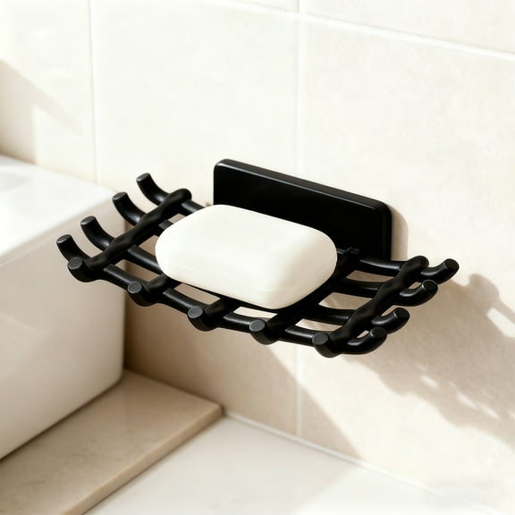 YiJuHui 1 PC Adhesive Soap Holder for Shower Wall, No Drill Bathroom Organizer with Hooks and Drainage Tray, Strong Suction Soap Dish and Razor Rack, Space Saving Soap Saver for Tub Sink