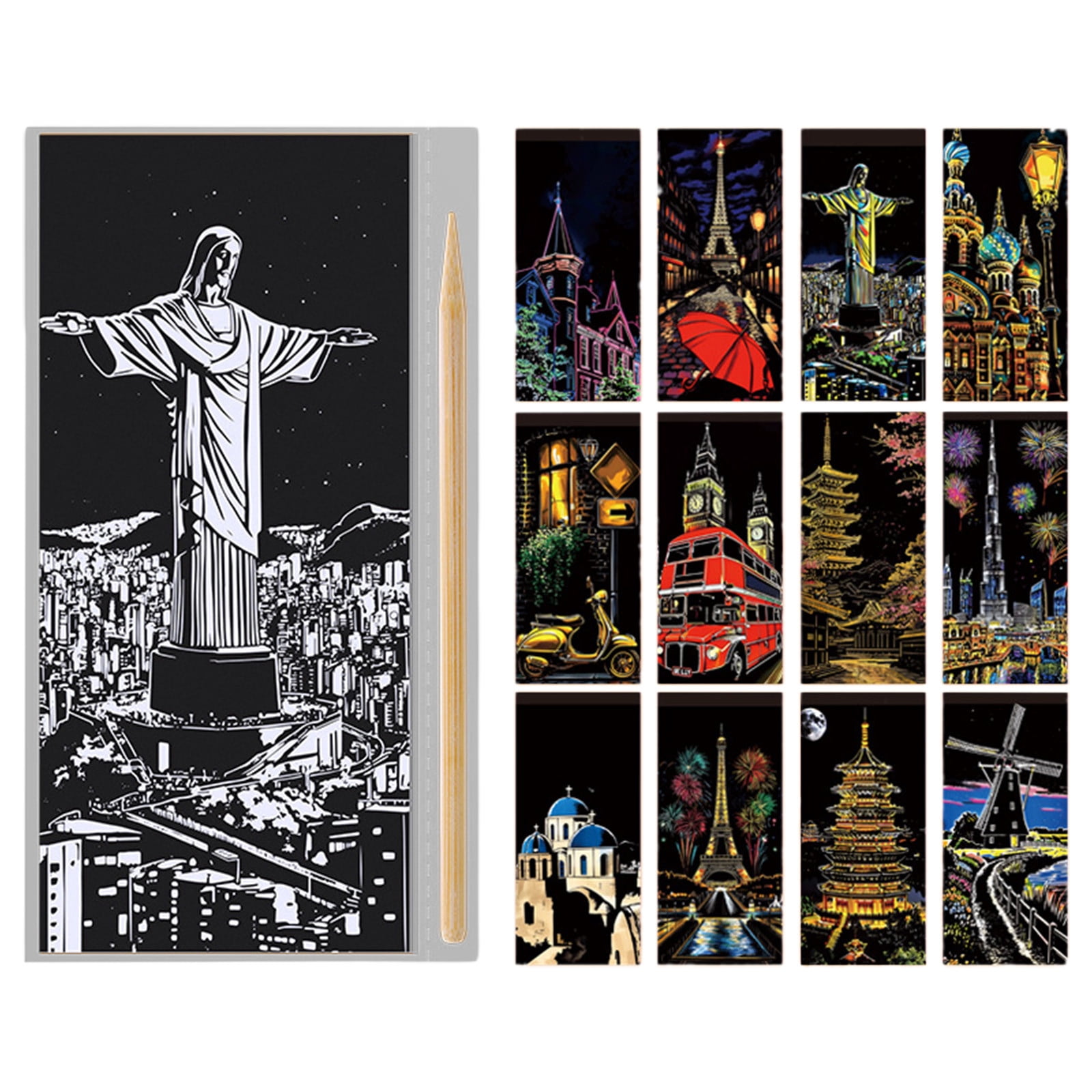 YiJuHui 12pcs Scratch Art for Adults -Glow in The Dark Scratch Painting Craft Kit (12 Sheets) Foil art Foil Engraving Art Set Stress Relief Gift for Craft Lovers Creative Scratch Art Home Decor