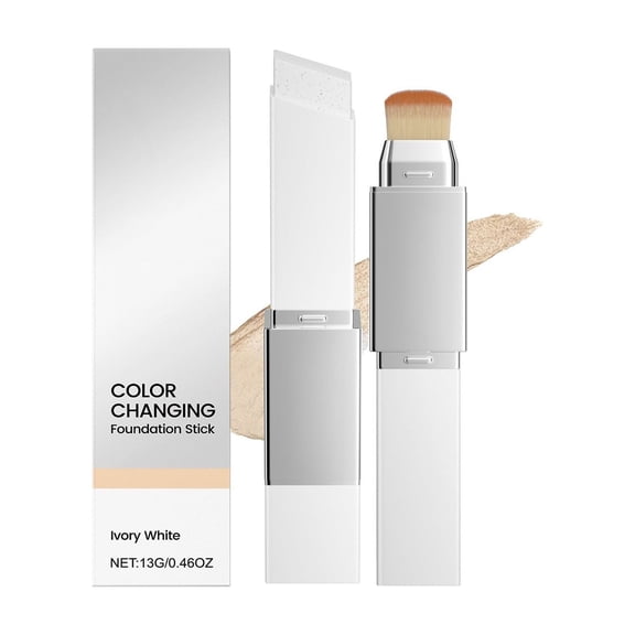 YiJuHui 1pcs Color Changing Foundation Stick, 2 in 1 Dual Ended Korean White Foundation Stick with Brush, Full Coverage, Skin Matching, Hydrating Makeup Foundation for a Flawless Look