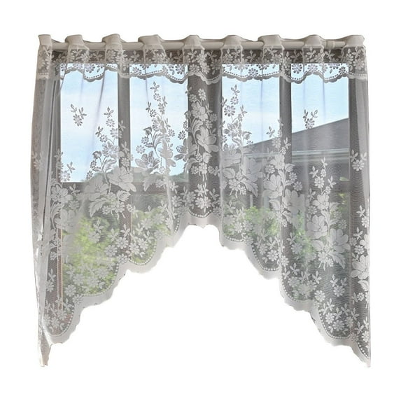 YiJuHui 1pcs Long White Color Knitted Lace Kitchen Swag Curtains with Flower Pattern. Add Tiers & Valance for Ultimate Elegant Look