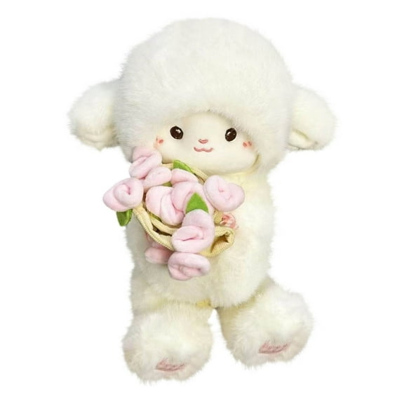 YiJuHui 1pcs Plush Lamb Pillow with Rose Bouquet Hat - Ultra Soft Stuffed Animal Doll for Bedroom Decor, Gift for Friends, Cuddle Comfort Support