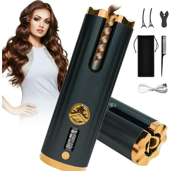 YiJuHui 1pcs Rechargeable Automatic Hair Curler with LCD Screen & 6 Temperature Settings, Quick Heat Ceramic Curling Wand for Long-Lasting Waves, Portable Styling Tool with Safety Auto-Off
