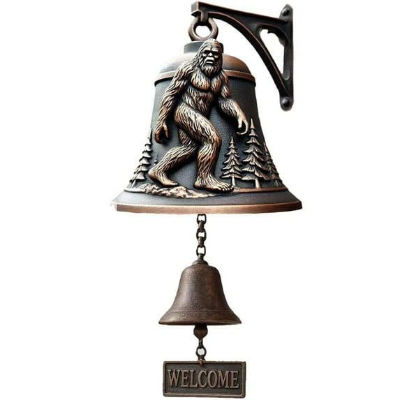 YiJuHui 1pcs Vintage Iron Doorbell Welcome Sign with Bigfoot Design - Heavy Duty Outdoor Hanging Bell for Porch, Gate & Cabin Entryway Decor
