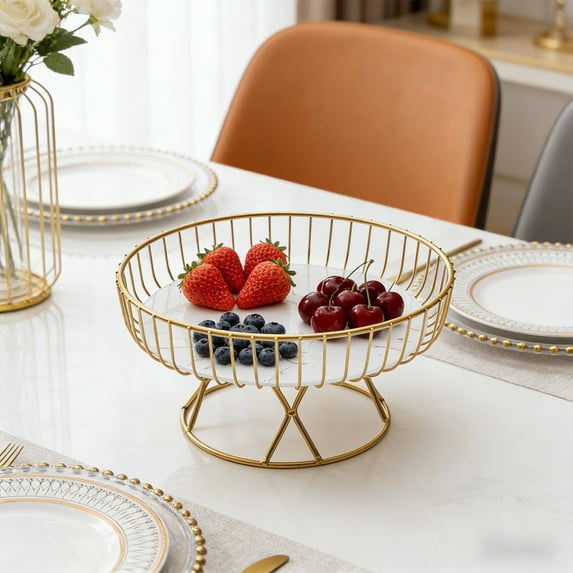 YiJuHui 2pcs Metal Fruit Basket Tray with Marble Base, Decorative Serving Tray for Living Room Coffee Table, Snack and Candy Holder, Rustic Kitchen Countertop Organizer S