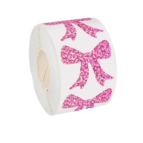 YiJuHui 3pcs Pink Bow Vinyl Stickers Roll Glitter Valentines Stickers for Sparkly Pink Bow Label Tag Self-Adhesive Reward Waterproof Decals for Bottle Birthday Party Decor