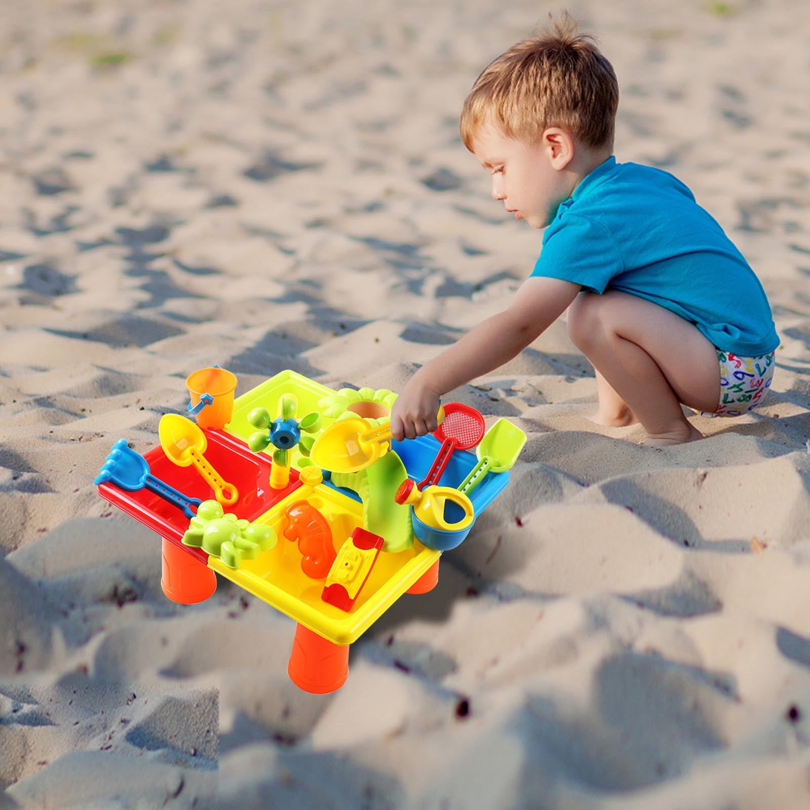 YiJuHui 4 in 1 Sand and Water Table, Sensory Play Activity Table with Windmill & Water Tower, Outdoor Beach Toys for Toddlers, Backyard Sandbox Water Play Center